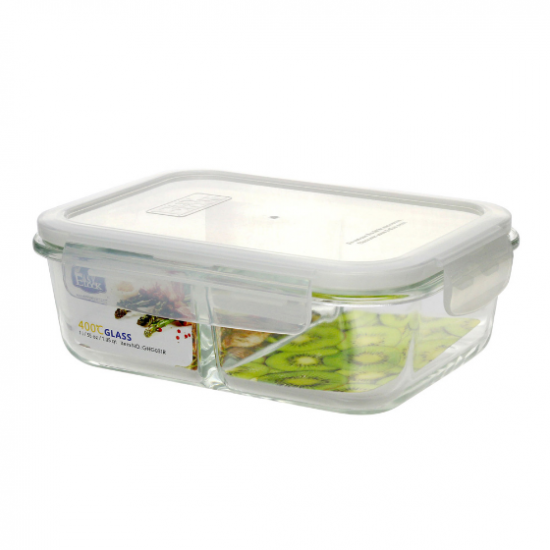 Heat Resistant Glass Food Container Lunch Box with Two Dividers